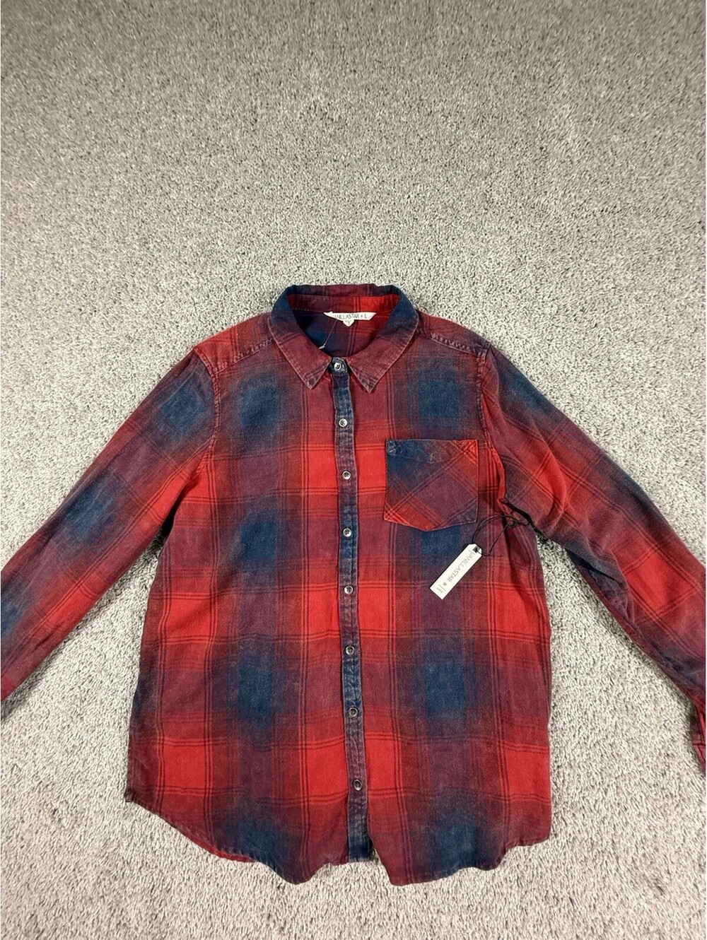 Vanilla Star Plaid Button Up Shirt Womens Large Red Blue Distressed Flannel